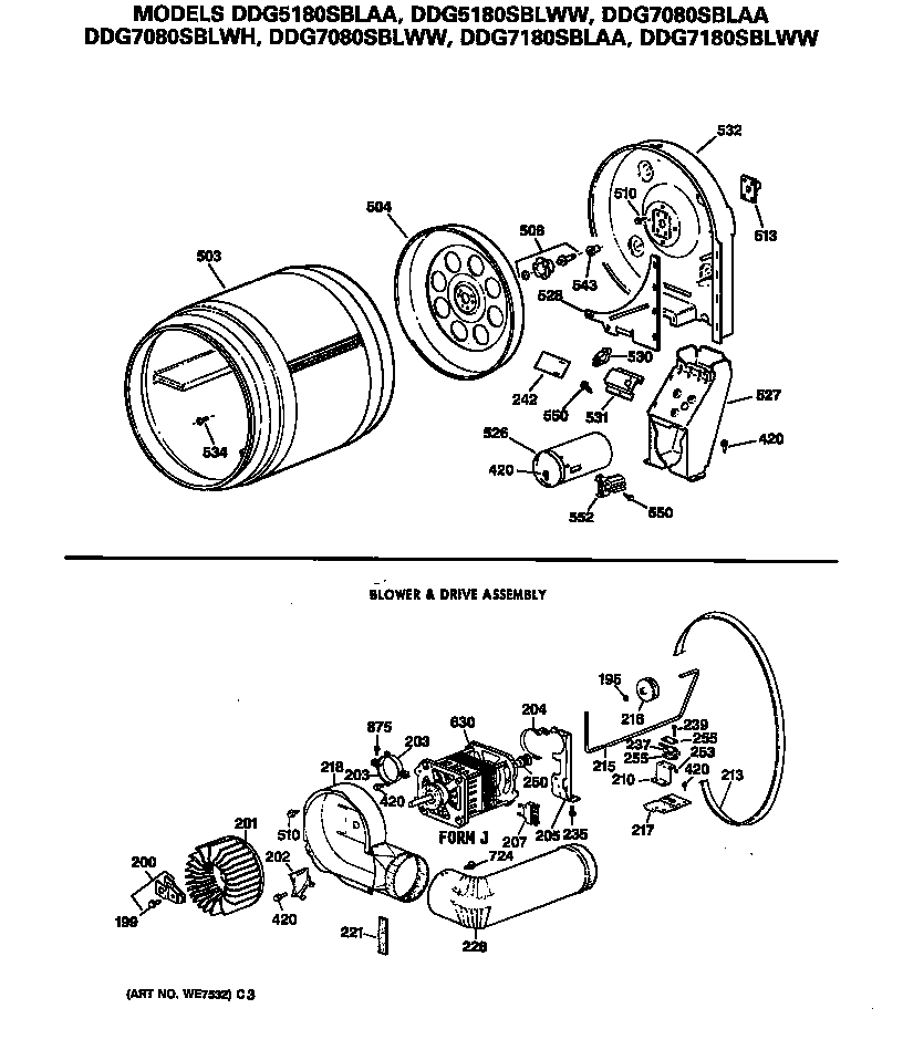 GE DDG7080SBLWW blower & drive assembly diagram