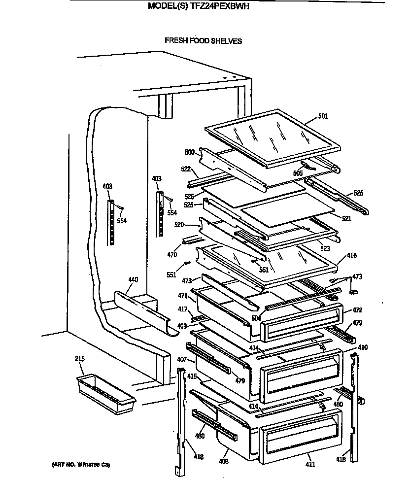 GE TFZ24PEXBWH fresh food shelves diagram
