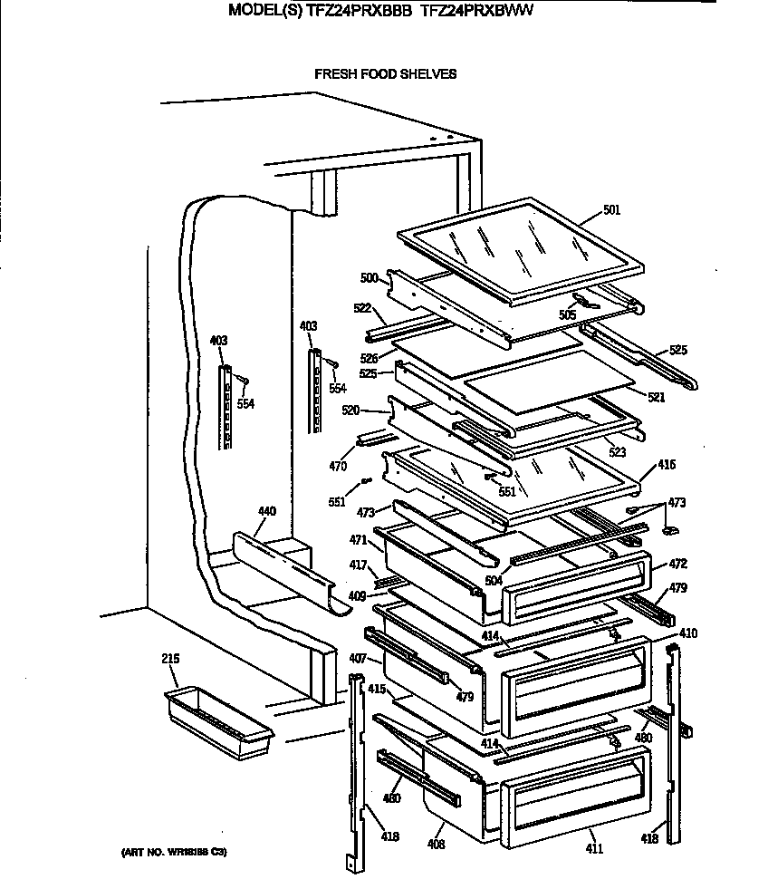 GE TFZ24PRXBBB fresh food shelves diagram