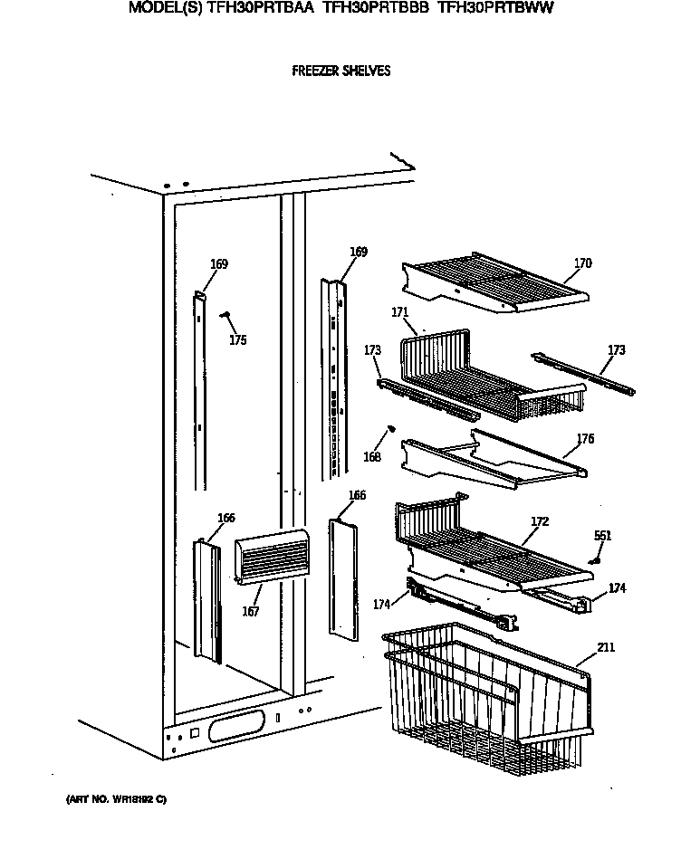 GE TFH30PRTBAA freezer shelves diagram