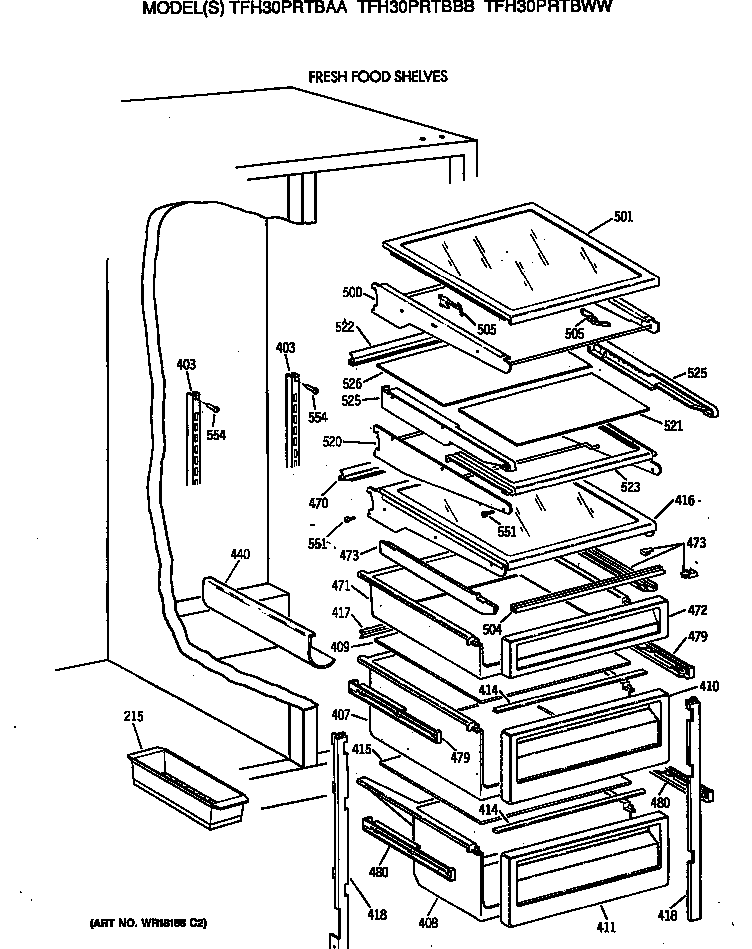 GE TFH30PRTBAA fresh food shelves diagram