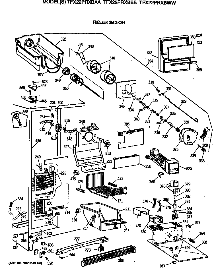 GE TFX22PRXBWW freezer section diagram