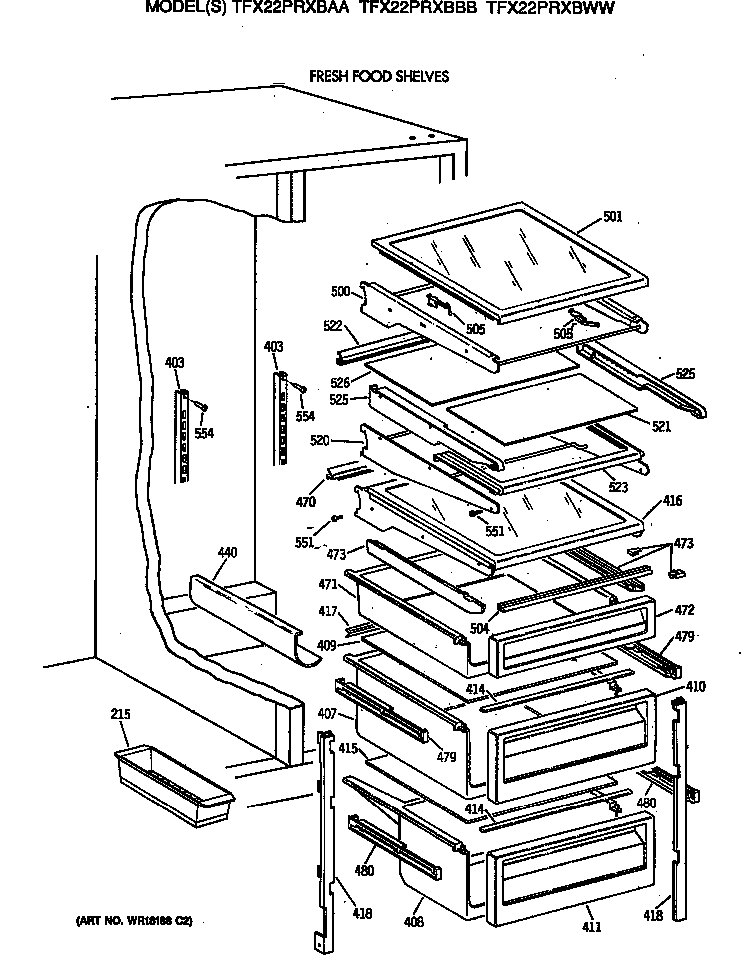 GE TFX22PRXBWW fresh food shelves diagram