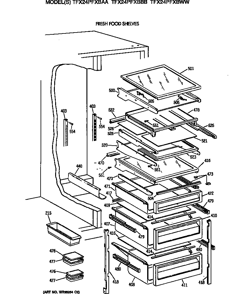 GE TFX24PFXBBB fresh food shelves diagram
