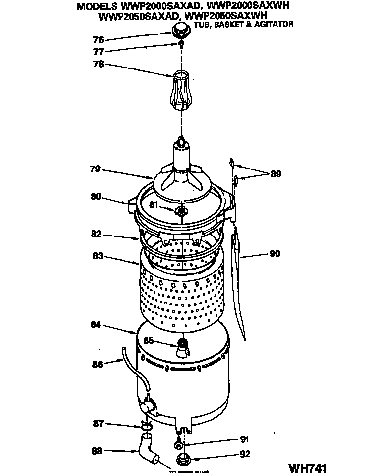 GE WWP2050SAXAD tub, basket & agitator diagram