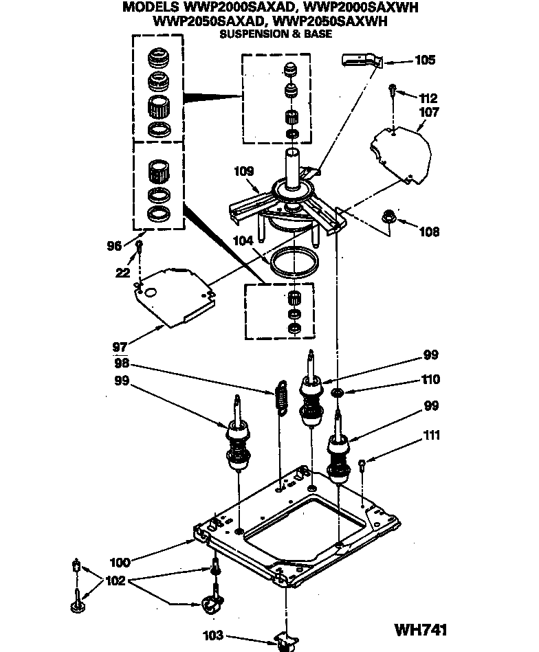 GE WWP2050SAXAD suspension & base diagram