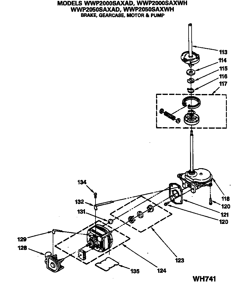 GE WWP2050SAXAD brake, gearcase, motor & pump diagram