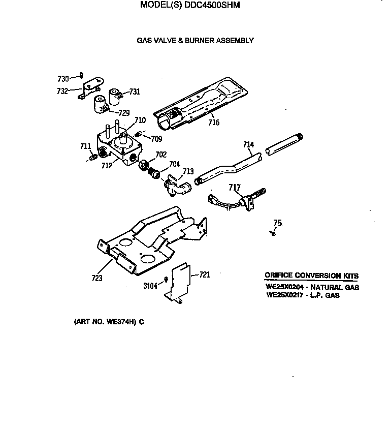 GE DDC4500SHM gas valve & burner assembly diagram