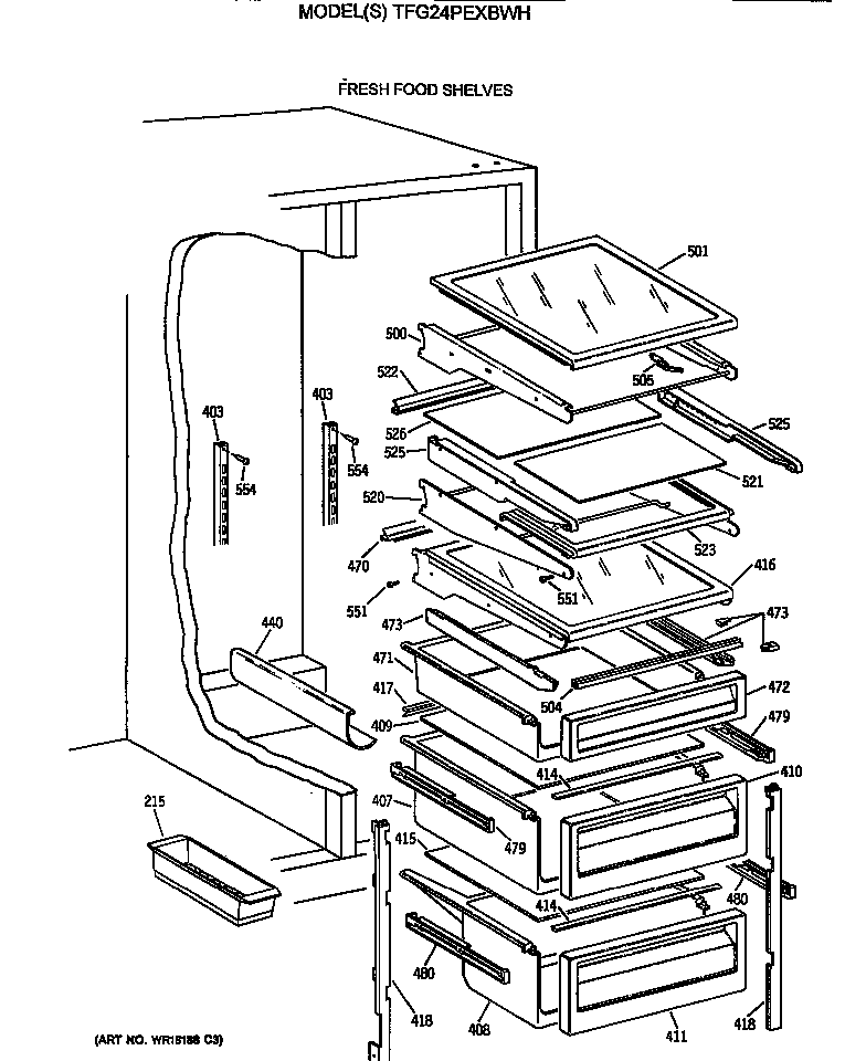 GE TFG24PEXBWH fresh food shelves diagram