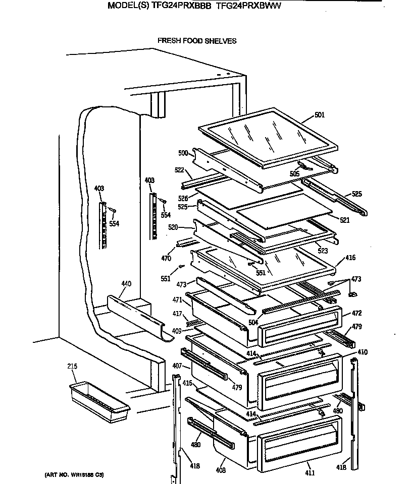 GE TFG24PRXBBB fresh food shelves diagram