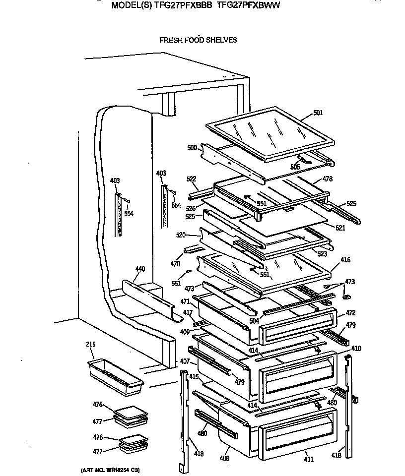 GE TFG27PFXBBB fresh food shelves diagram