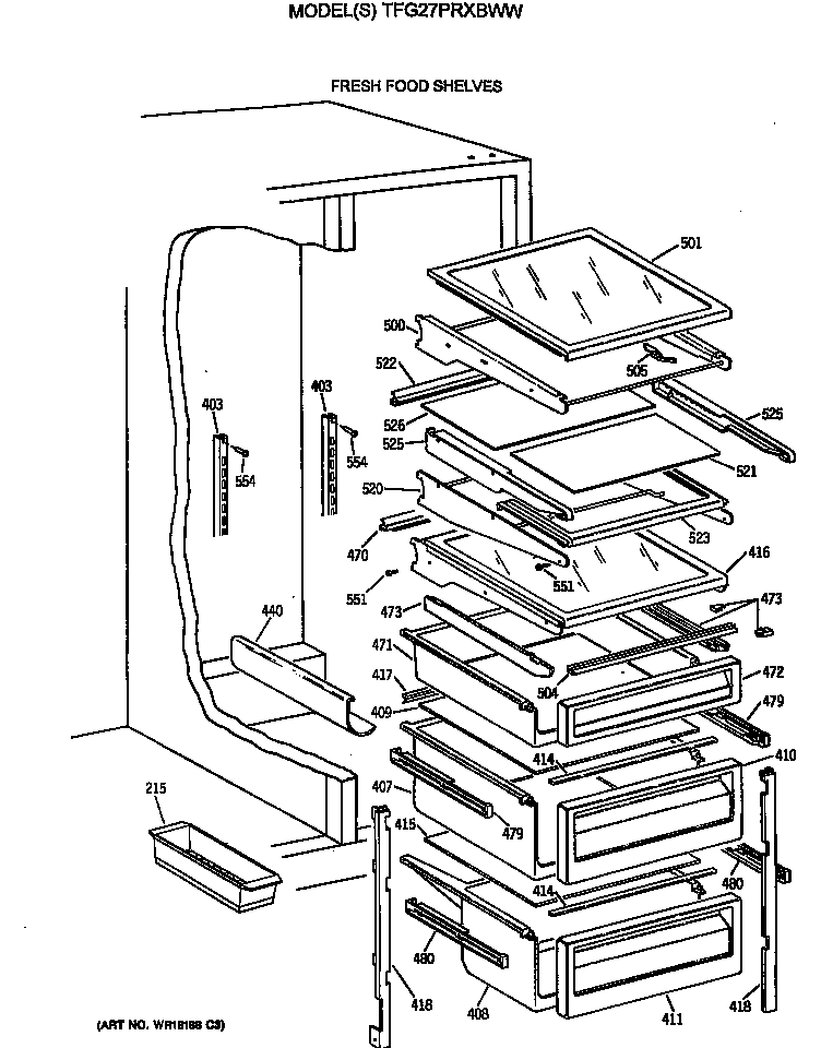 GE TFG27PRXBWW fresh food shelves diagram