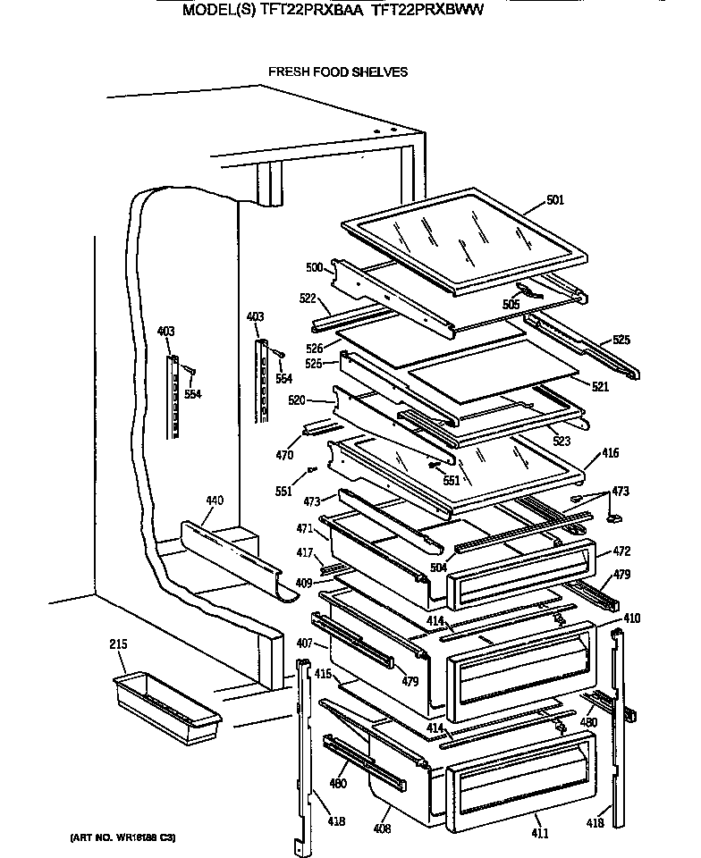 GE TFT22PRXBAA fresh food shelves diagram