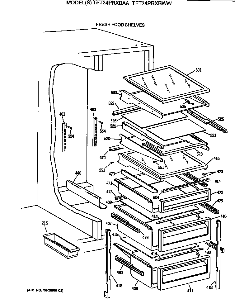 GE TFT24PRXBAA fresh food shelves diagram