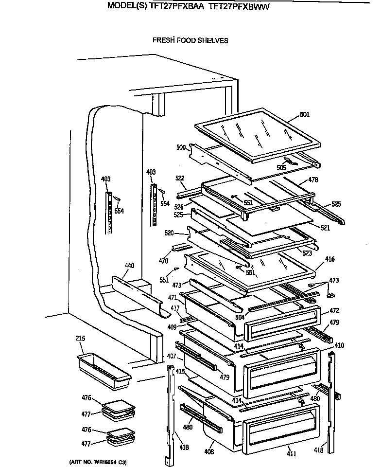 GE TFT27PFXBWW fresh food shelves diagram