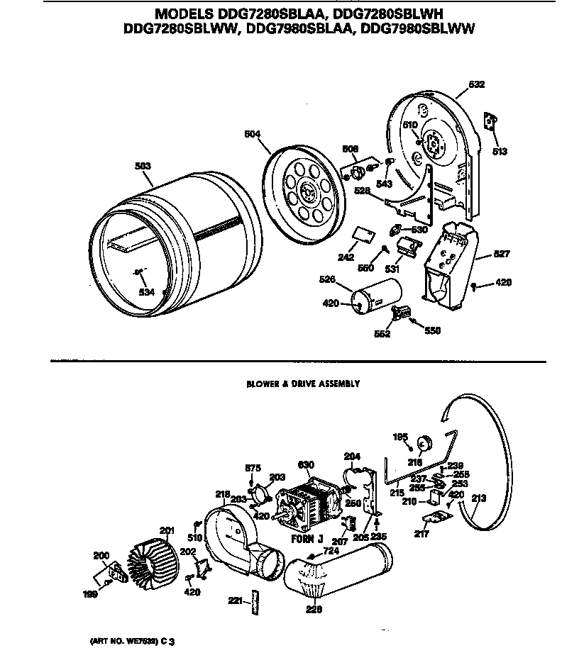 GE DDG7280SBLAA blower & drive assembly diagram