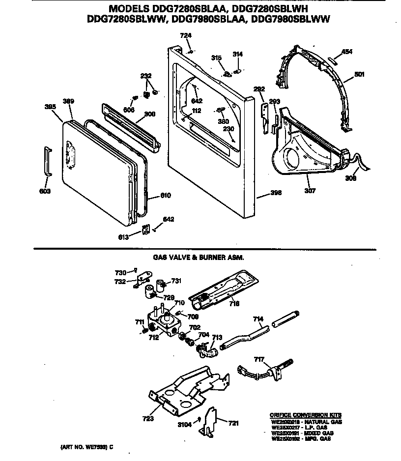 GE DDG7280SBLAA gas valve & burner asm. diagram