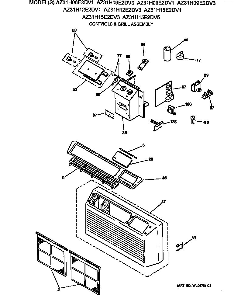 GE AZ31H15E2DV3 controls & grill assembly diagram