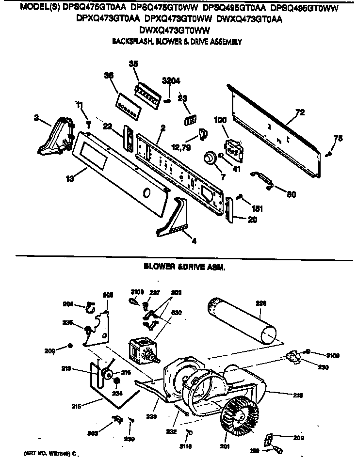 GE DPSQ495GT0AA backsplash, blower & drive assembly diagram