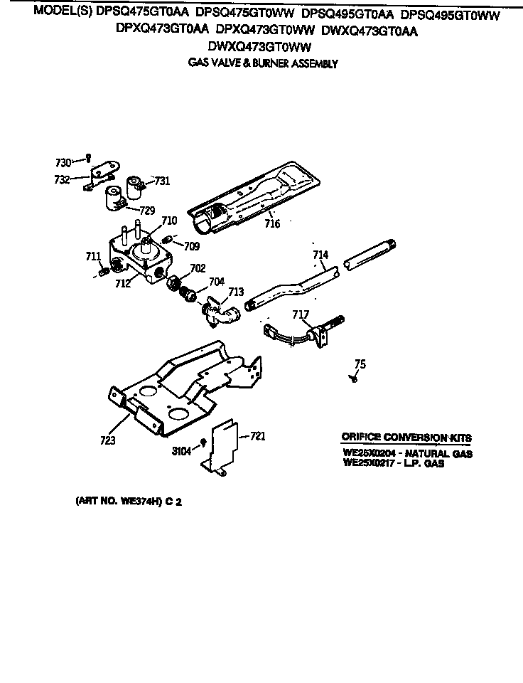 GE DPSQ495GT0AA gas valve & burner assembly diagram