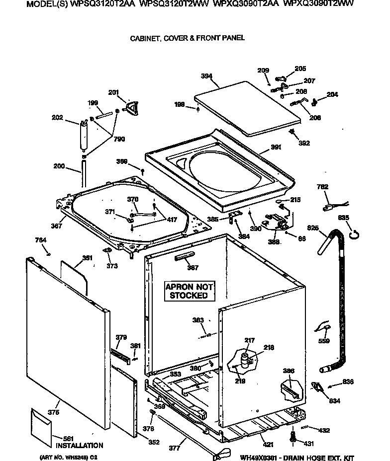 GE WPSQ3120T2AA cabinet, cover & front panel diagram