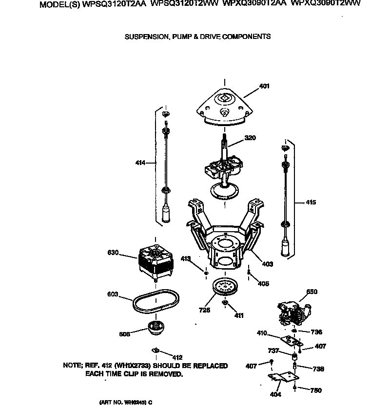 GE WPSQ3120T2AA suspension, pump & drive components diagram