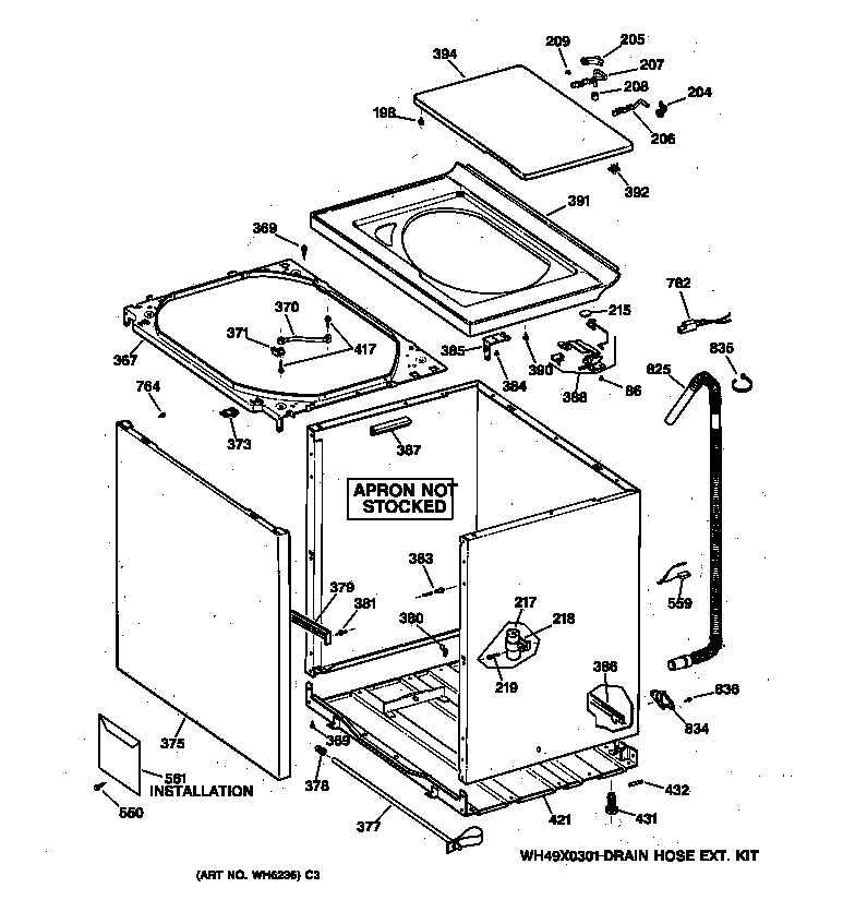 GE WVXR1040T3WW cabinet, cover & front panel diagram