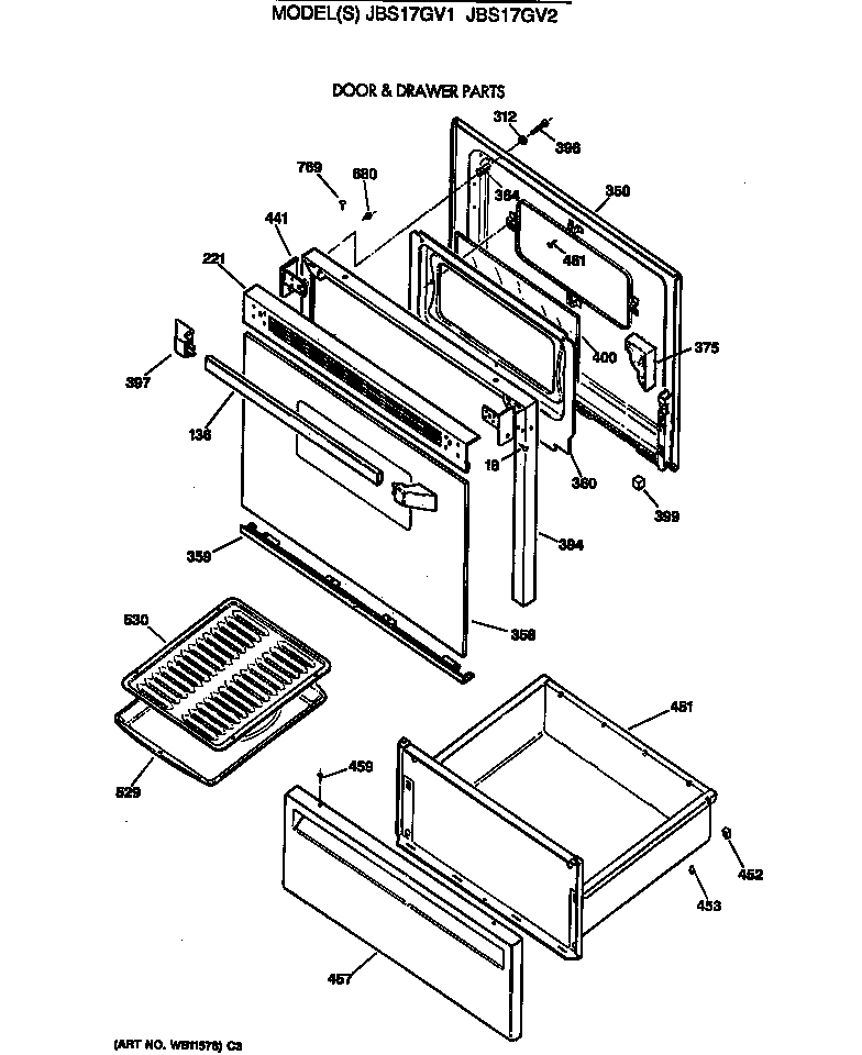 GE JBS17GV2 door & drawer parts diagram