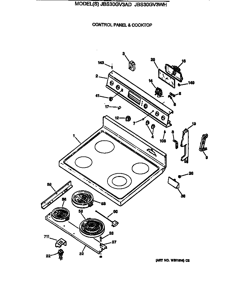 GE JBS30GV3WH control panel & cooktop diagram