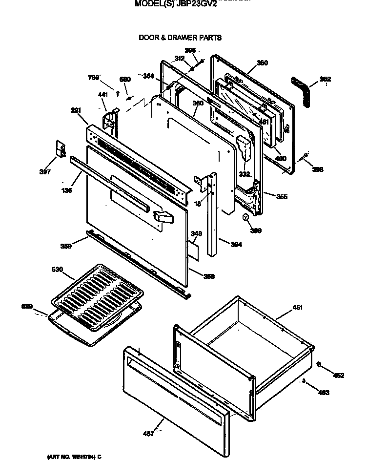 GE JBP23GV2 door & drawer parts diagram