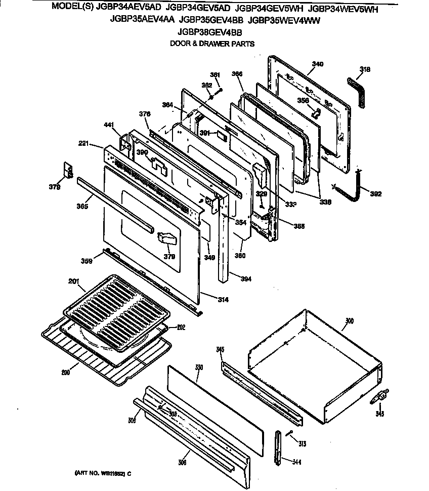 GE JGBP35WEV4WW door & drawer parts diagram