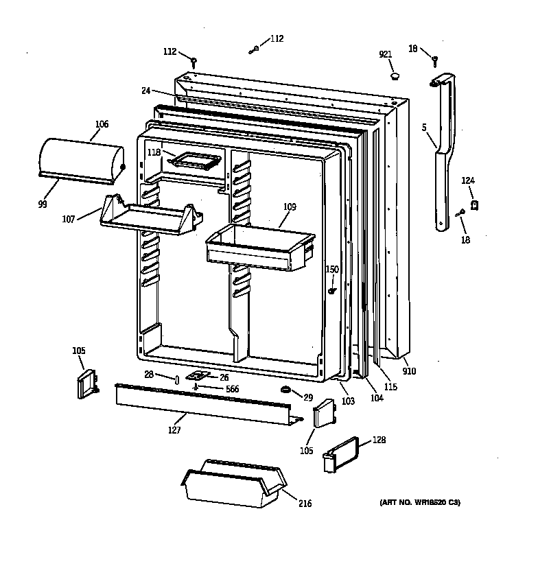 GE TBX19VIBLRAA fresh food door diagram