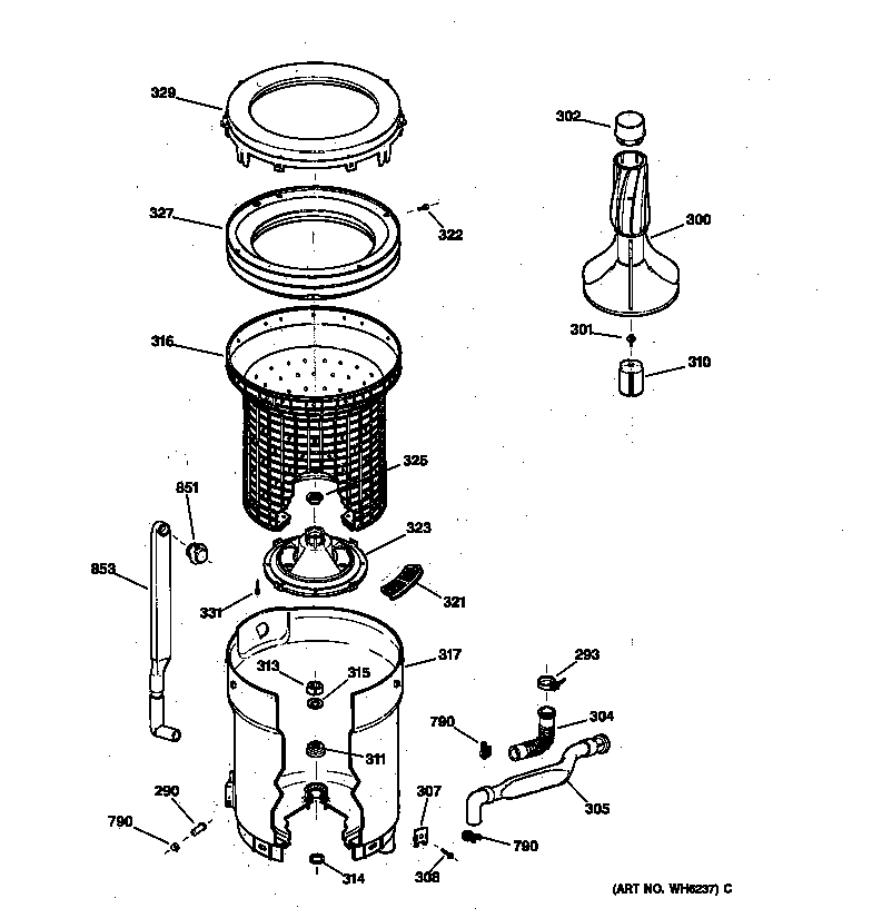 Hotpoint VBXR1060T4WB tub, basket & agitator diagram