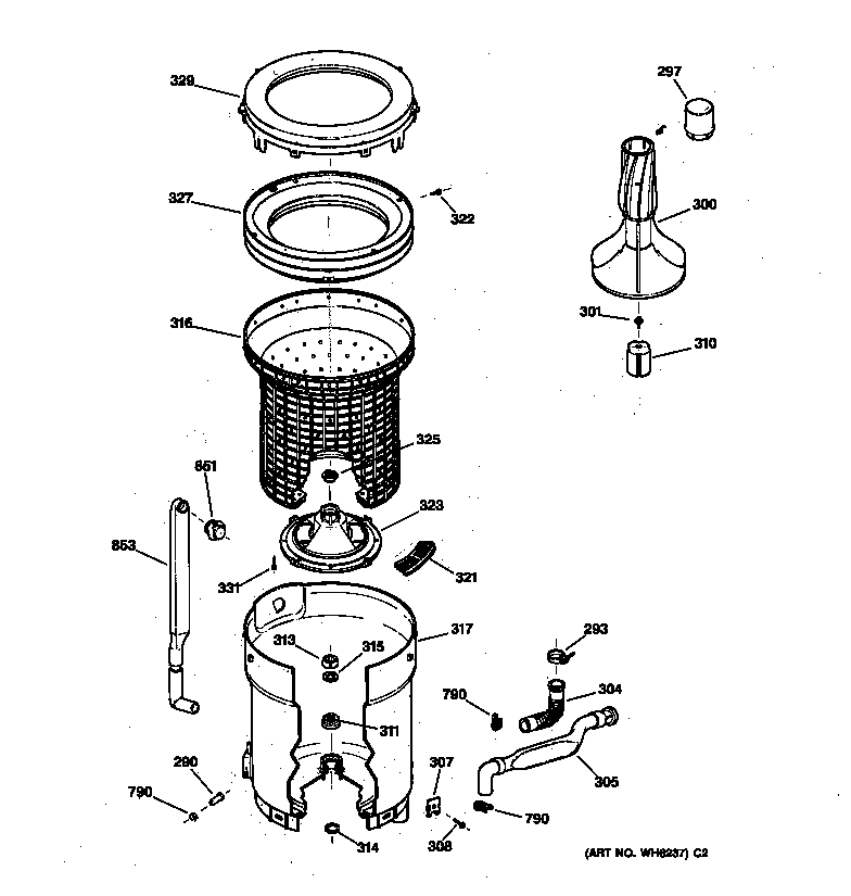 Hotpoint VBSR1070T4WB tub, basket & agitator diagram