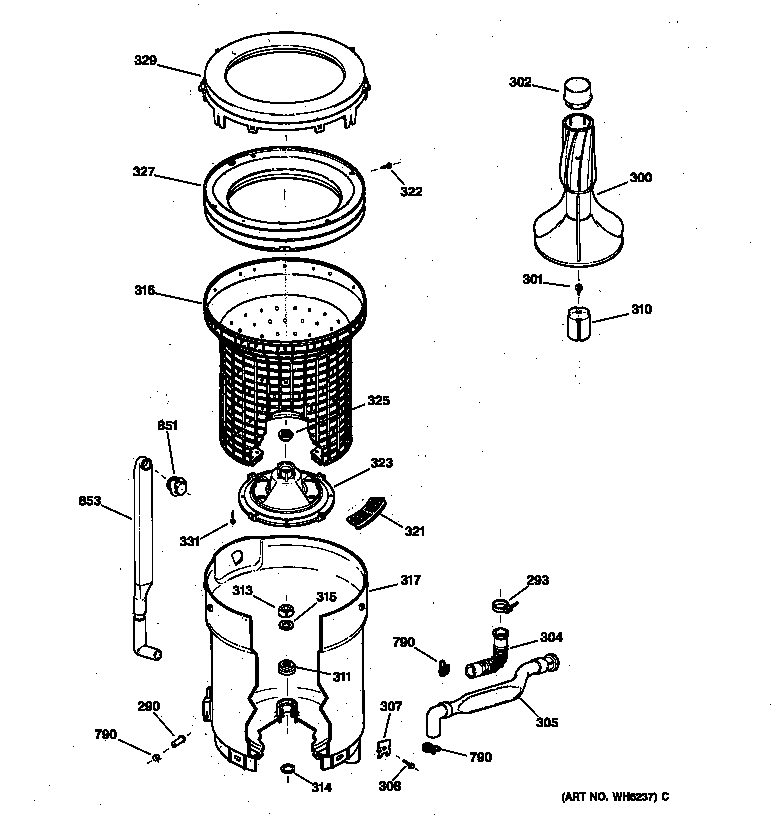 Hotpoint VBXR2070T5WB tub, basket & agitator diagram