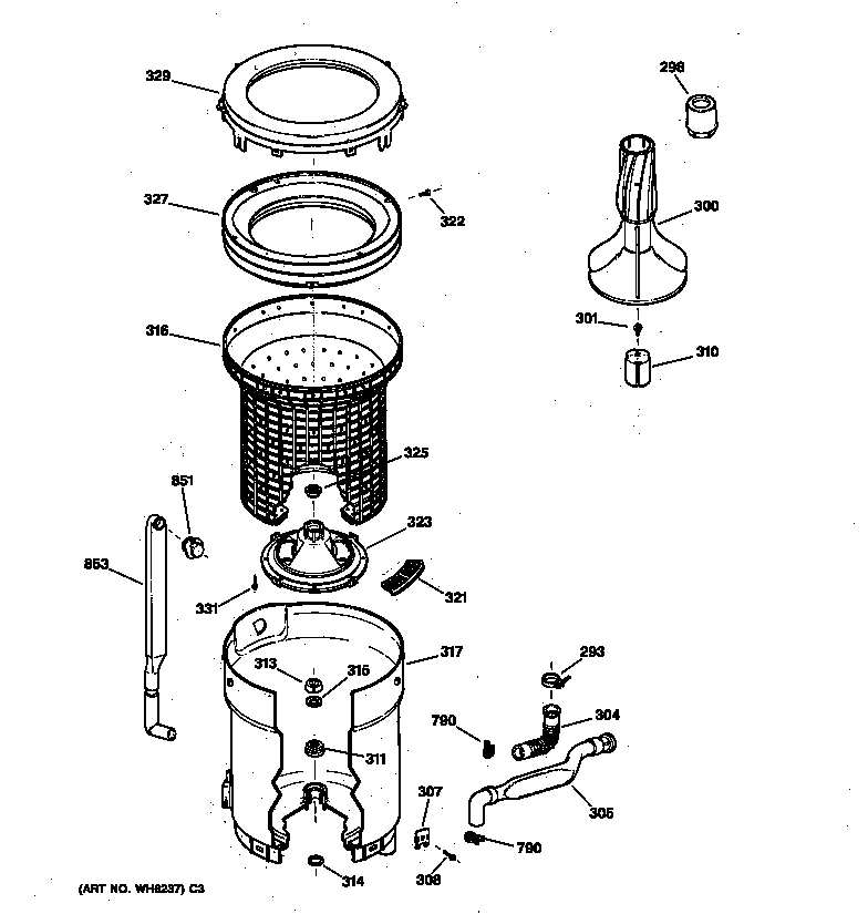 Hotpoint VKSR2100T5WW tub, basket & agitator diagram