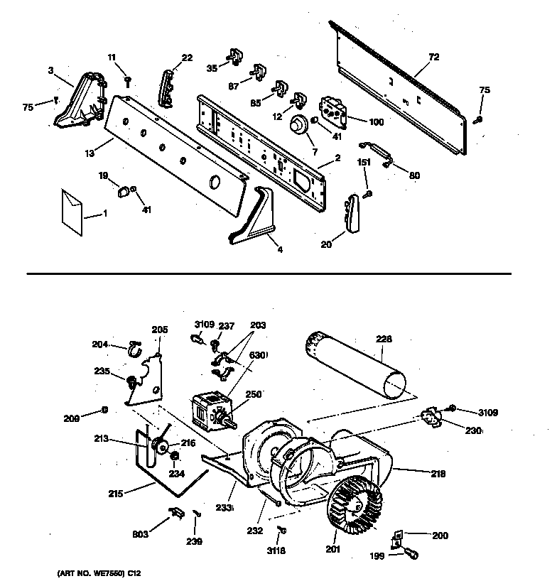 Hotpoint NWXR473ET0AB backsplash, blower & drive assembly diagram