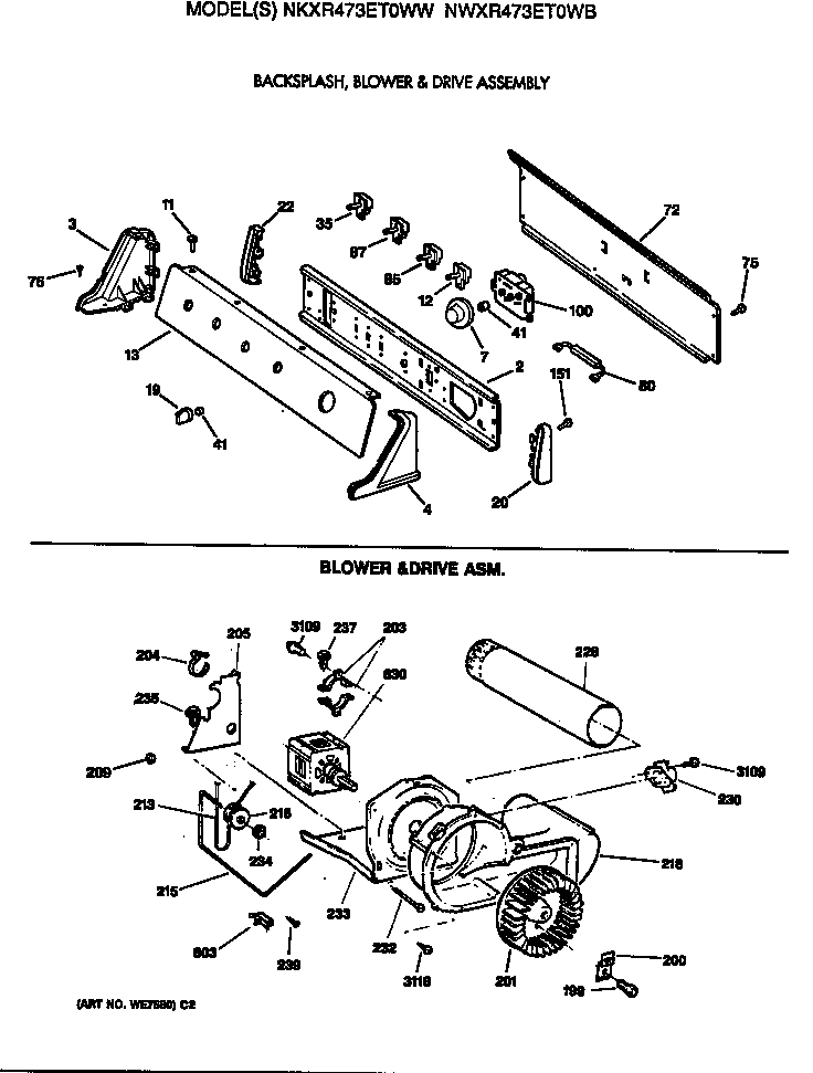 Hotpoint NKXR473ET0WW backsplash, blower & drive assembly diagram