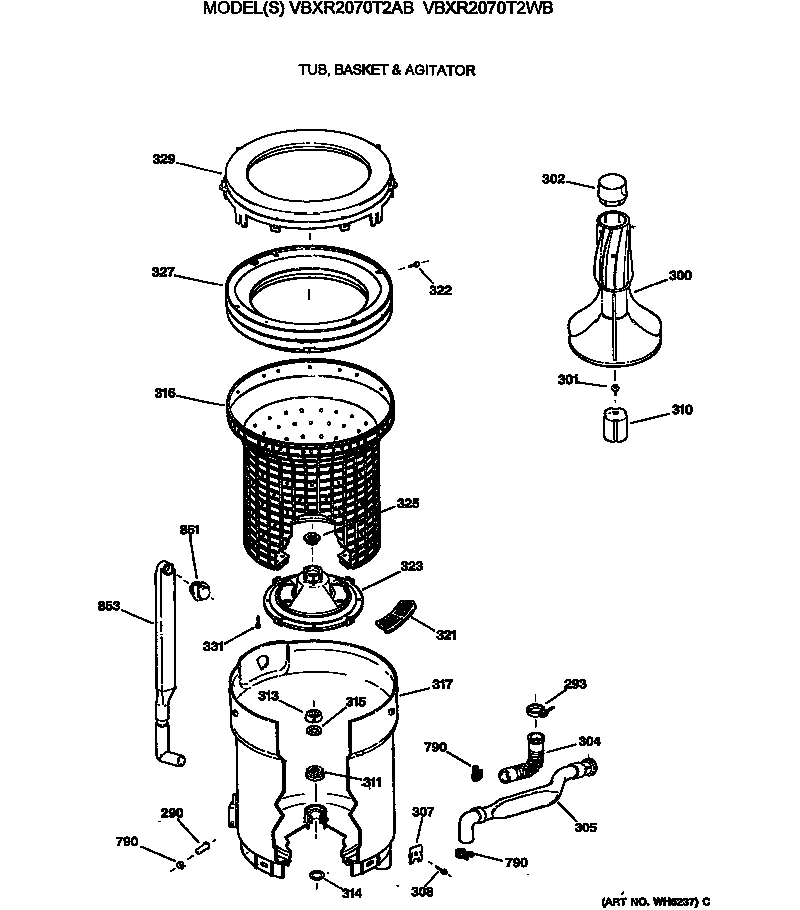 Hotpoint VBXR2070T2AB tub, basket & agitator diagram