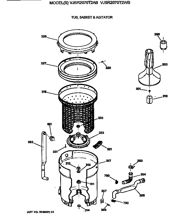 Hotpoint VJSR2070T2AB tub, basket & agitator diagram