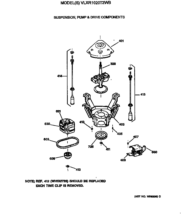 Hotpoint VLXR1020T2WB suspension, pump & drive components diagram