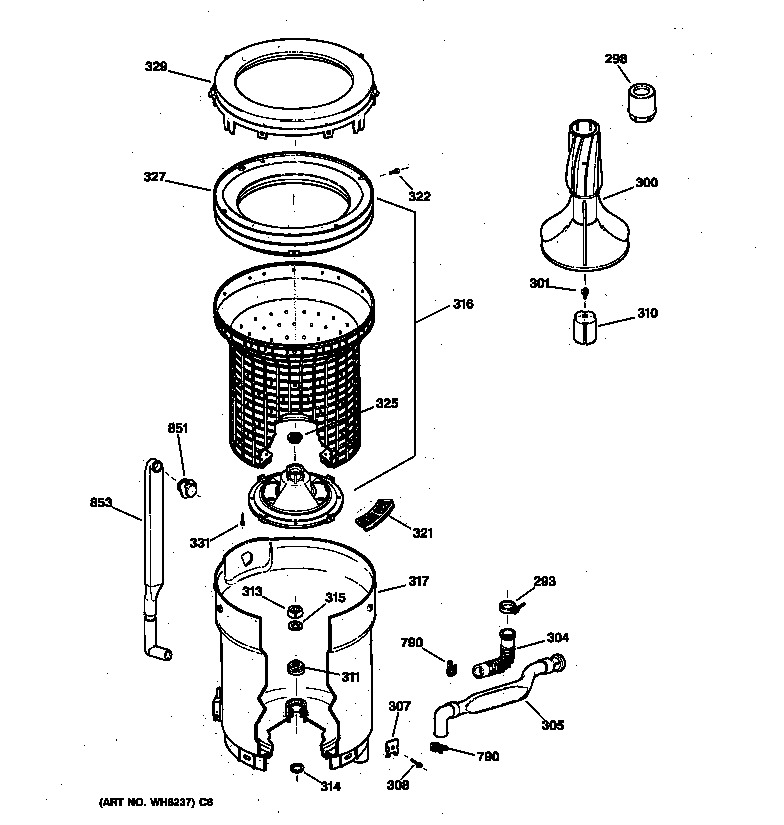 Hotpoint VWXR4100T6AB tub, basket & agitator diagram