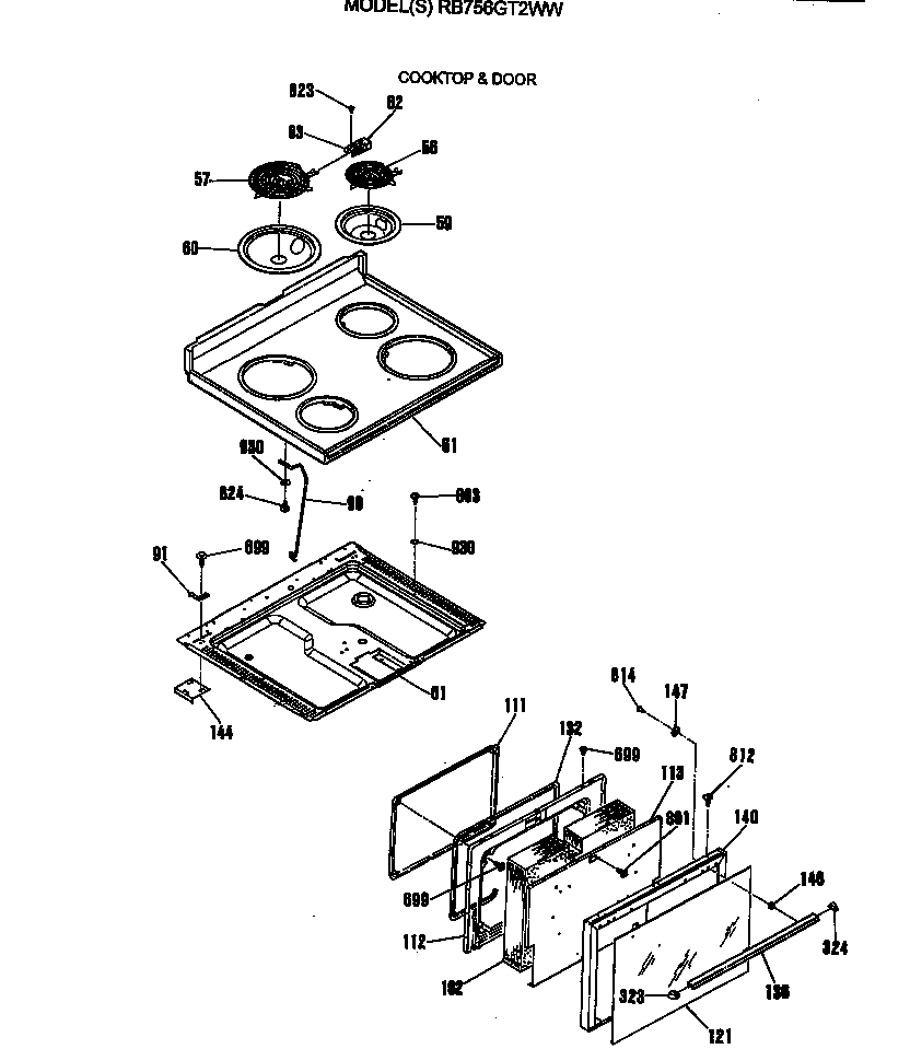 Hotpoint RB756GT2WW cooktop & door diagram