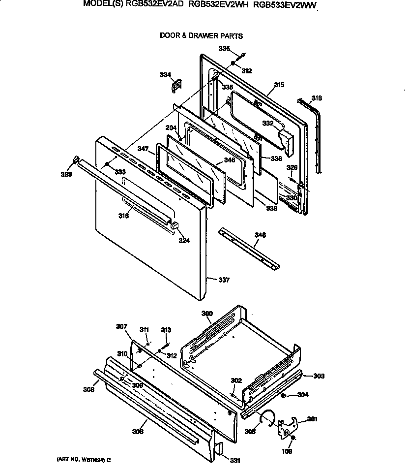 Hotpoint RGB532EV2AD door & drawer parts diagram
