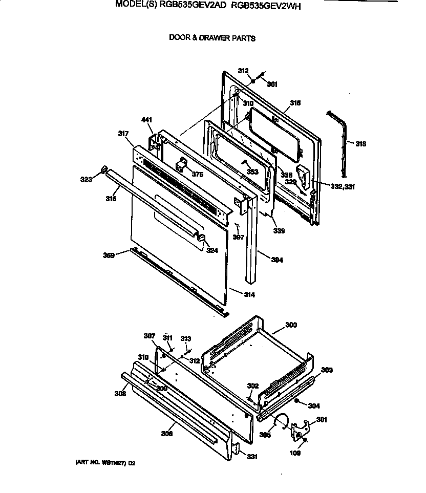 Hotpoint RGB535GEV2WH door & drawer parts diagram