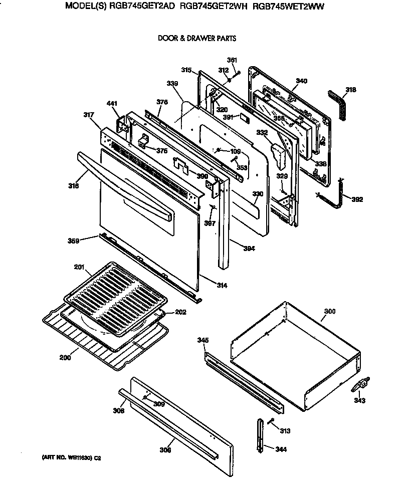 Hotpoint RGB745WET2WW door & drawer parts diagram