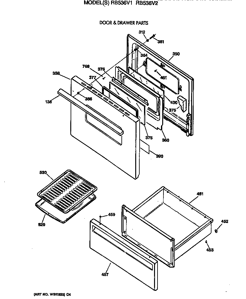 Hotpoint RB536V2 door & drawer parts diagram