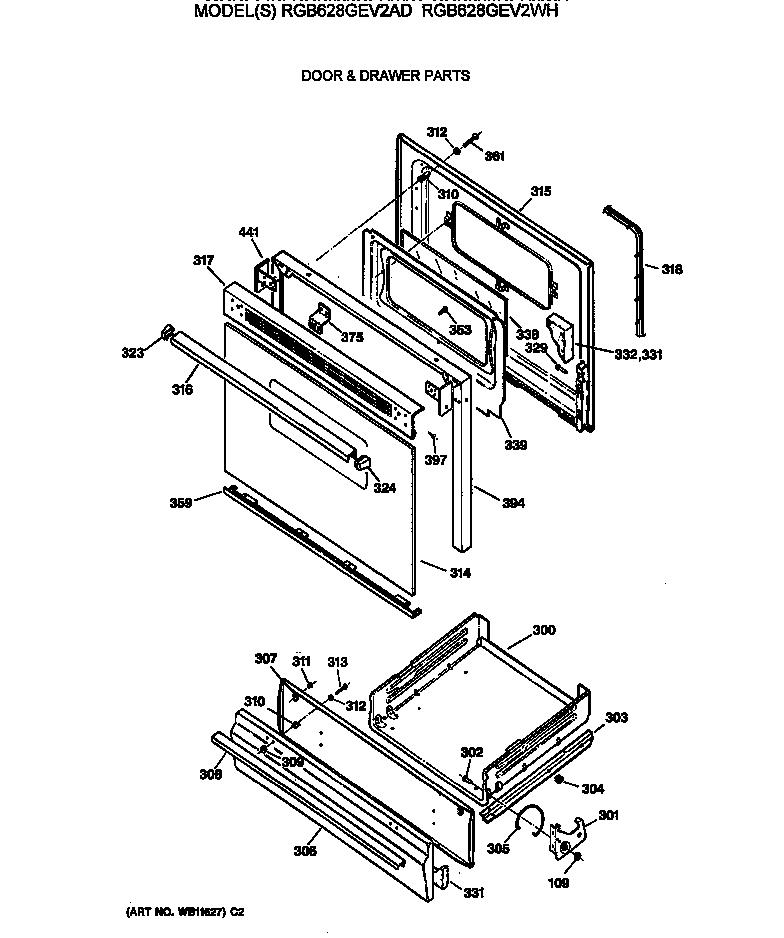 Hotpoint RGB628GEV2WH door & drawer parts diagram