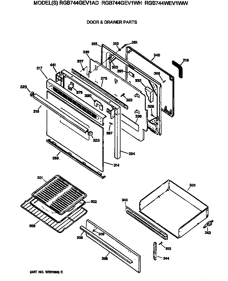 Hotpoint RGB744GEV1WH door & drawer parts diagram