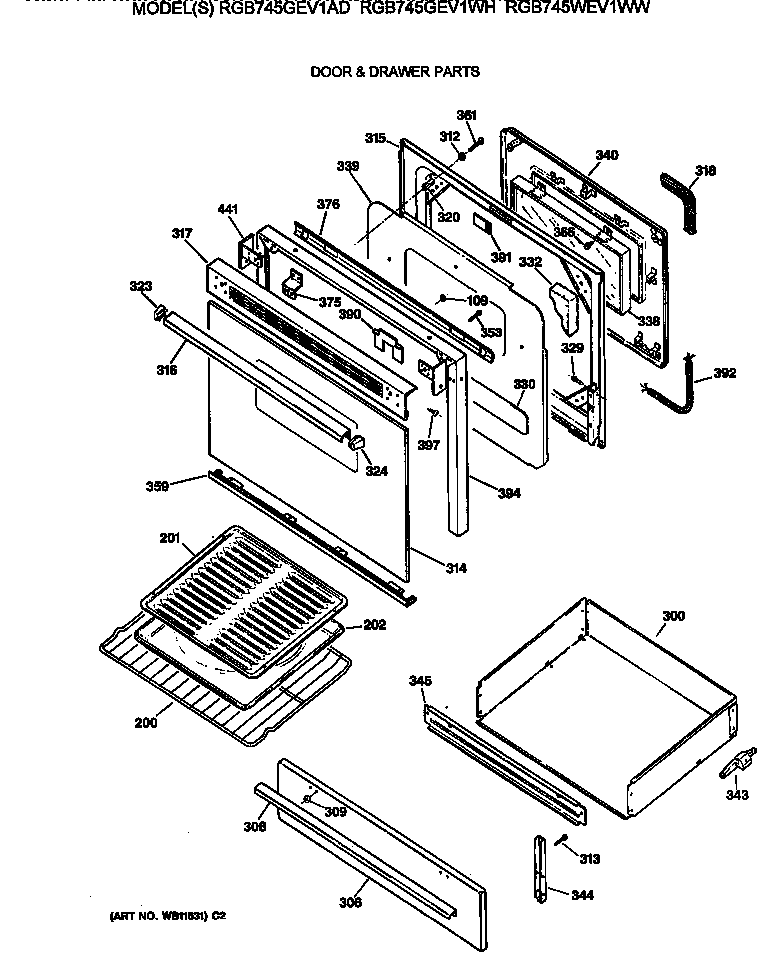 Hotpoint RGB745GEV1WH door & drawer parts diagram